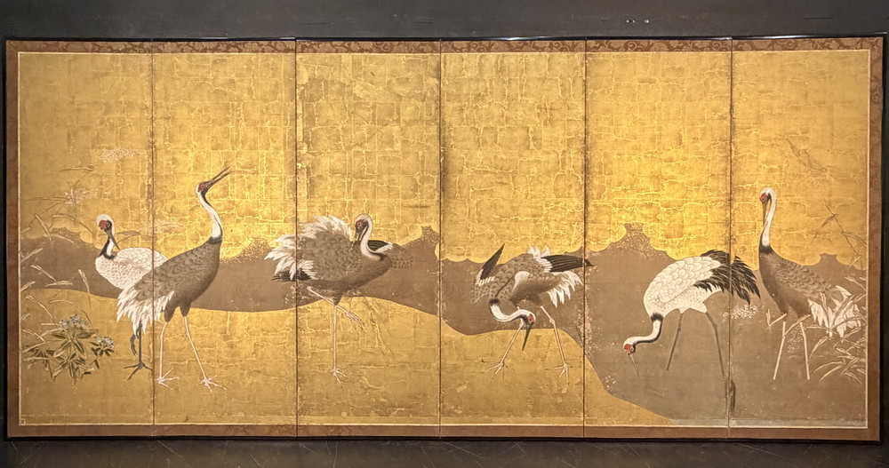 Six cranes on a gold-ground Japanese folding screen