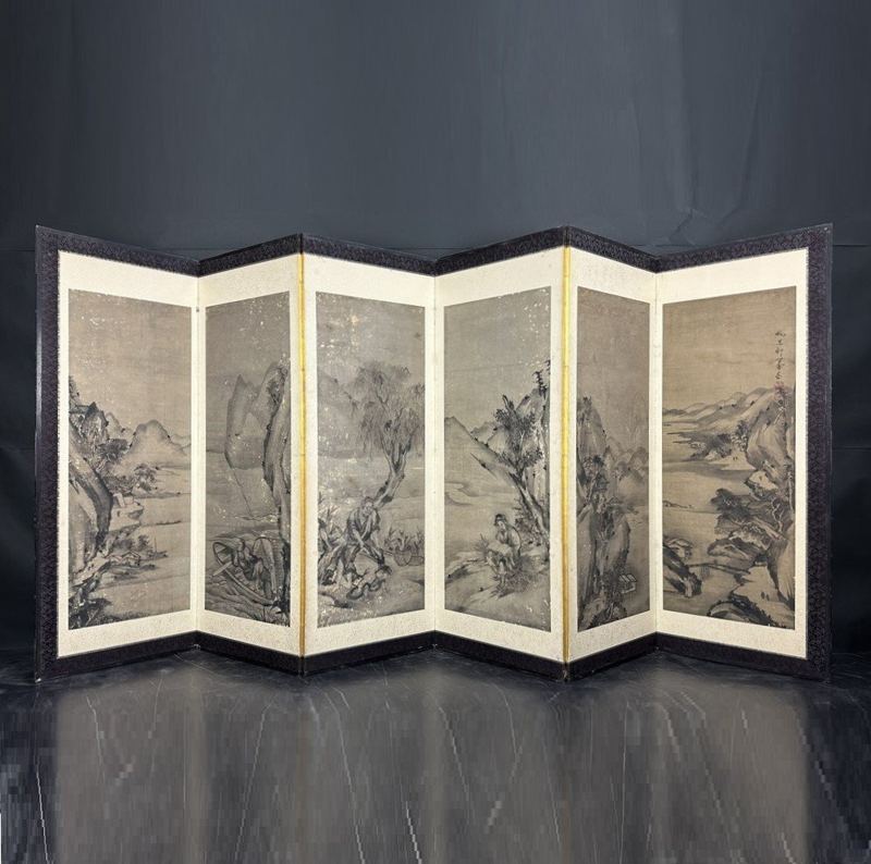 Pavilions & Figures in an Ink Landscape — Single 6-panel screen