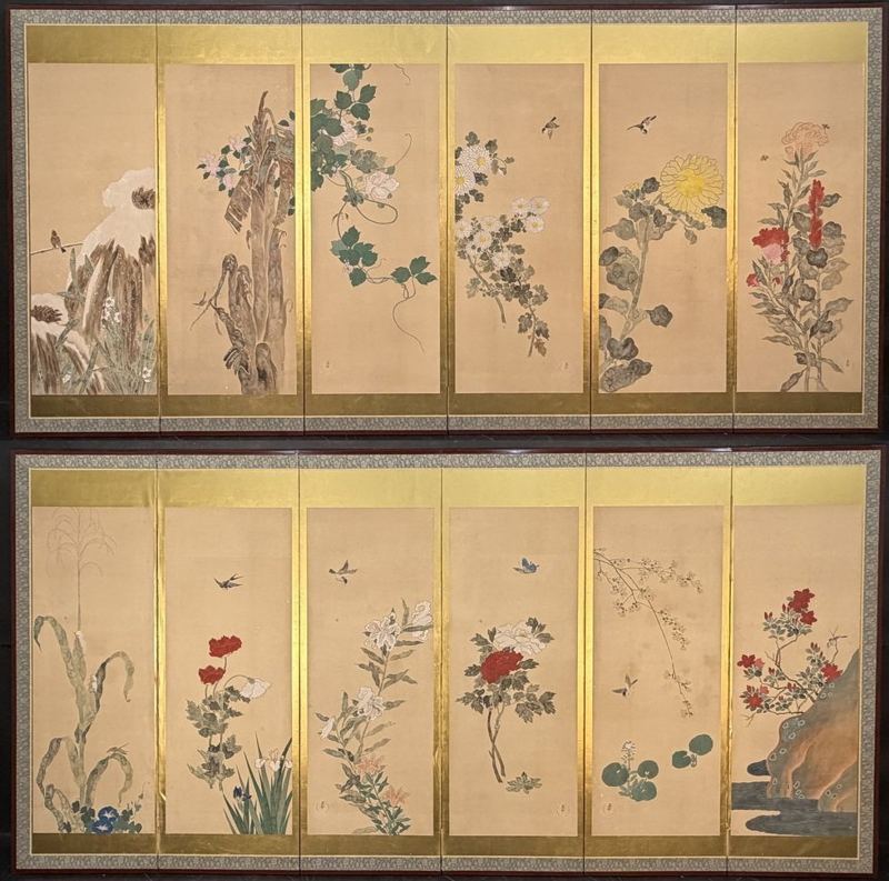 Birds & Flowers Through Four Seasons — Pair of 6-panel screens