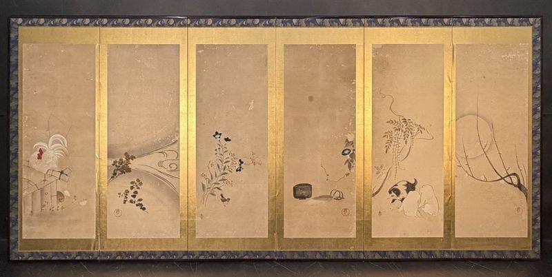 Birds, Flowers & Puppies — Single 6-panel screen