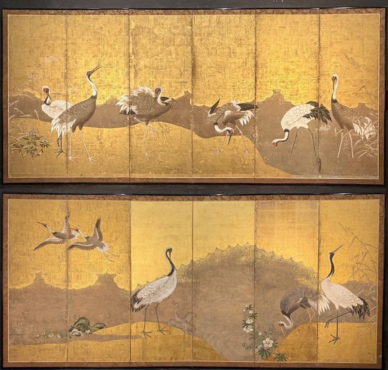 A Gathering of Cranes on Gold — Pair of 6-panel screens