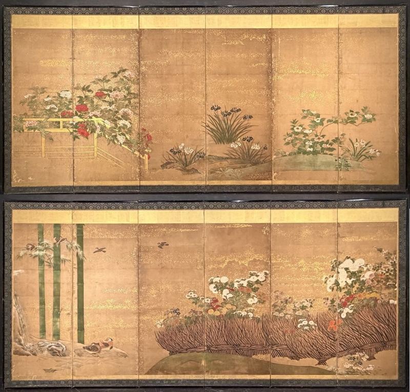 Flowers & Scattered Gold — Pair of 6-panel screens