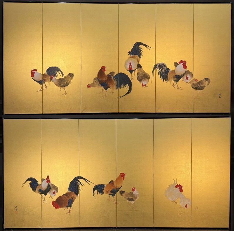 Roosters on a Gold Ground — Pair of 6-panel screens