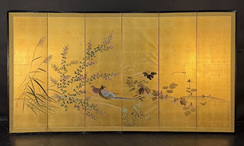 Pheasants on a Gold Ground — Single 6-panel screen