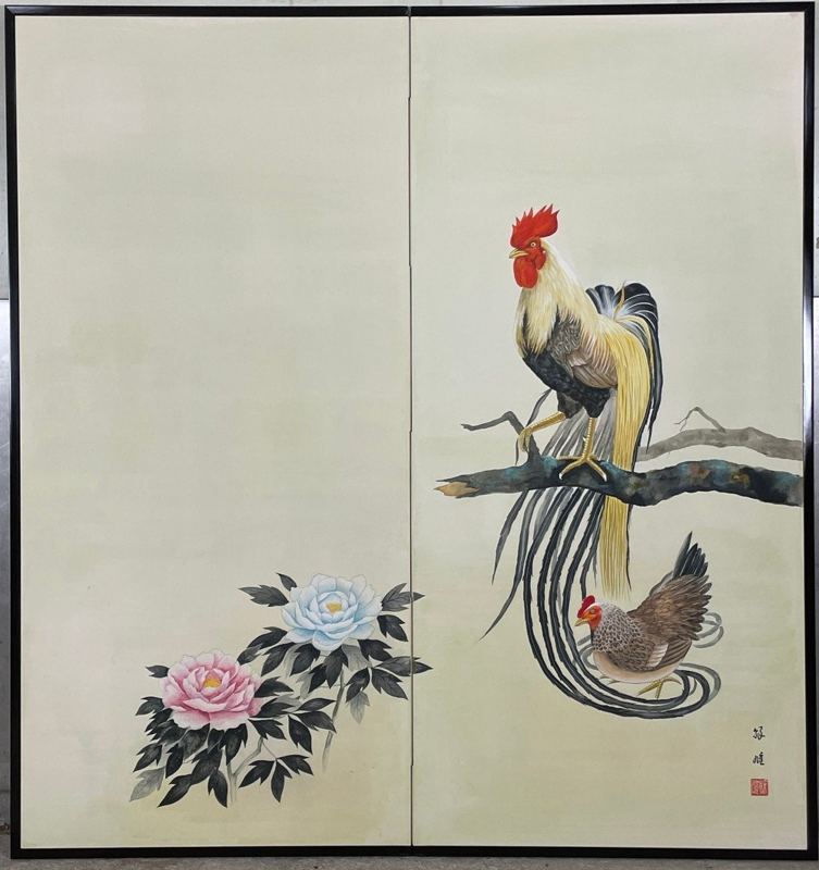 Roosters & Peonies — Single 2-panel screen