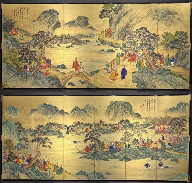 Landscapes & Figures on Gold — Pair of 6-panel screens