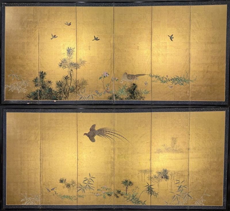 Birds & Flowers on Gold — Pair of 6-panel screens