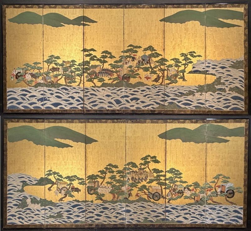 A Procession of Portable Shrines — Pair of 6-panel screens
