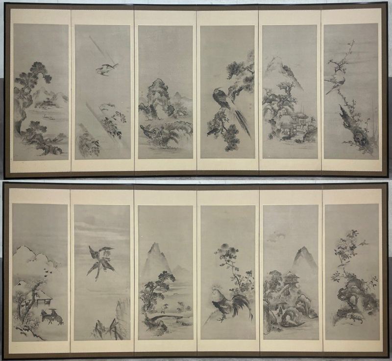 Birds & Figures — Pair of 6-panel screens