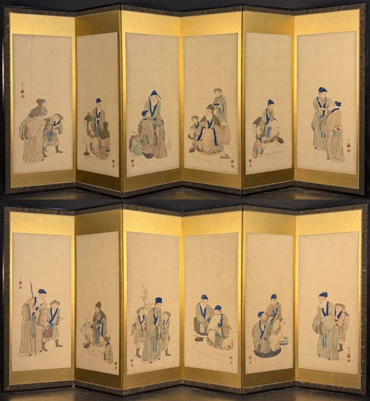 The Twenty-Four Filial Exemplars — Pair of 6-panel screens