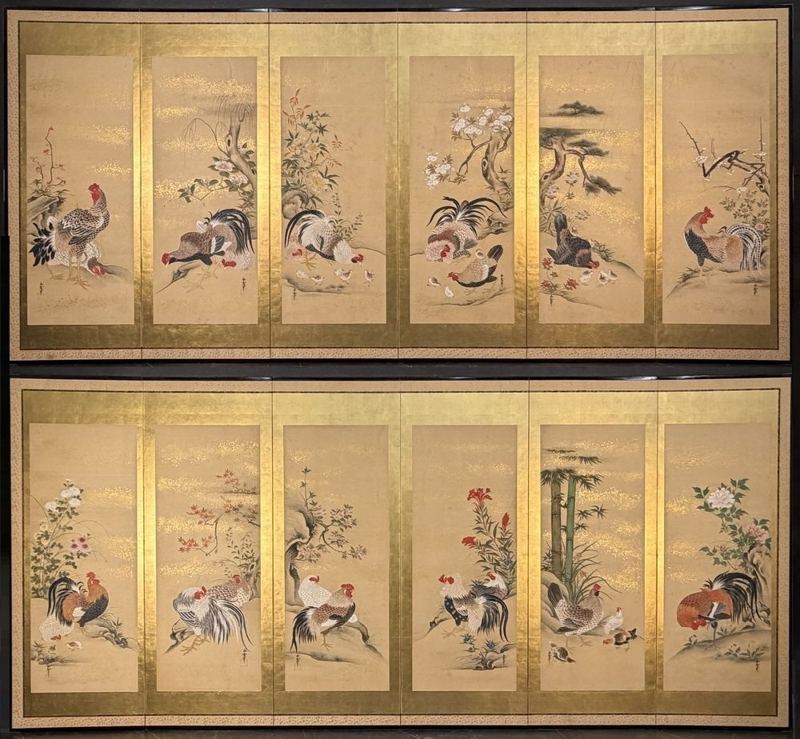 Roosters & Scattered Gold — Pair of 6-panel screens