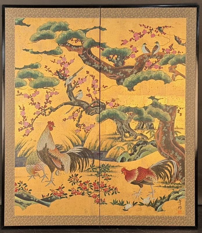 Pines, Plum Blossoms & Roosters — Single 2-panel screen