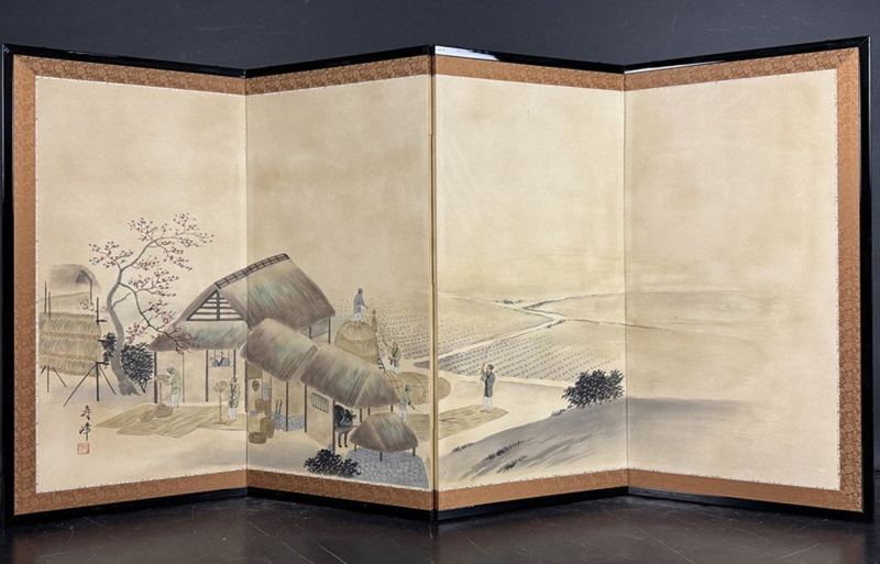 Scenes of Cultivation — Single 4-panel screen