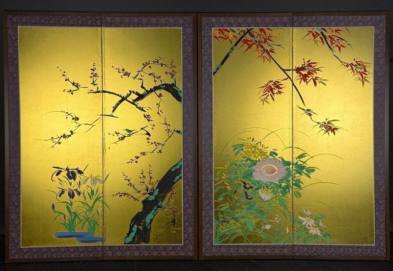 Birds & Flowers Through the Seasons — Pair of 2-panel screens