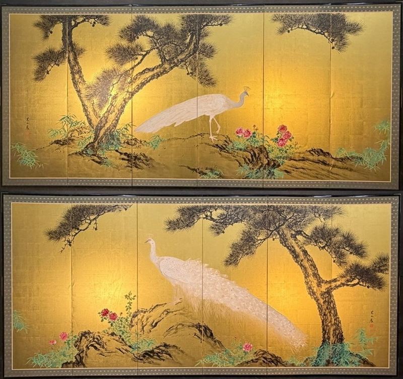 White Peacocks on Gold — Pair of 6-panel screens