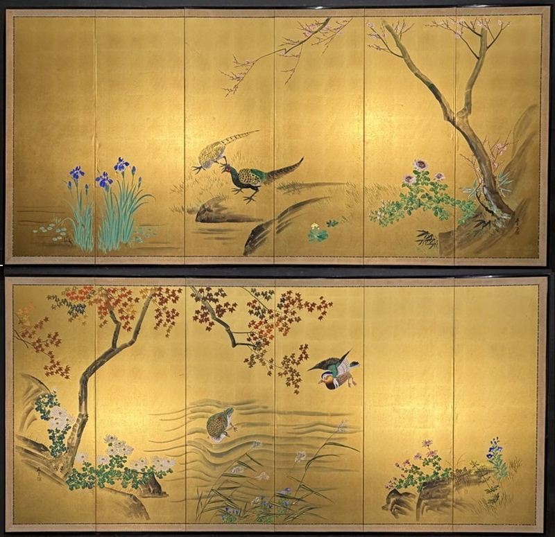 Four Seasons in Birds & Flowers — Pair of 6-panel screens