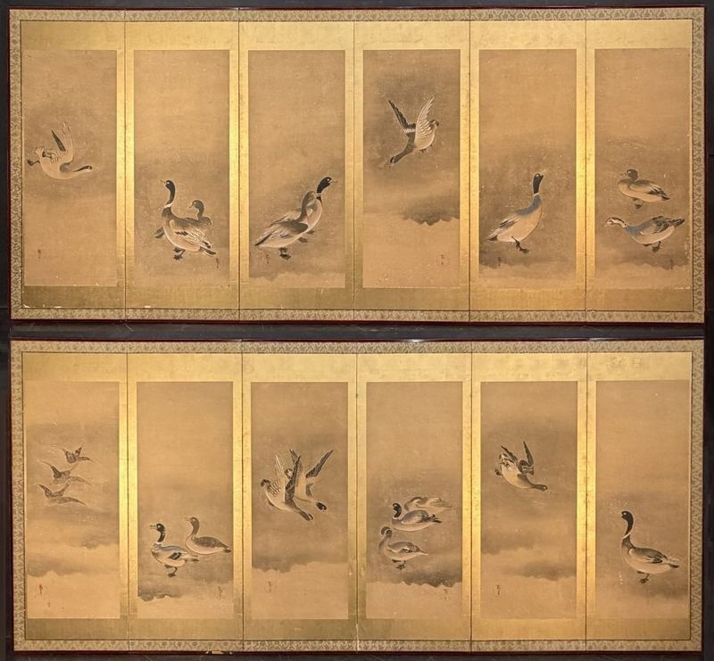 A Gathering of Ducks — Pair of 6-panel screens